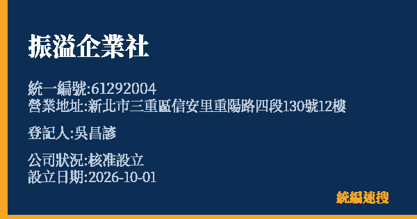 振溢企業社的照片-統編 61292004(新北市) 公司登記資料與營業項目詳細圖表