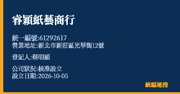 睿穎紙藝商行的照片-統編 61292617(新北市) 公司登記資料與營業項目詳細圖表