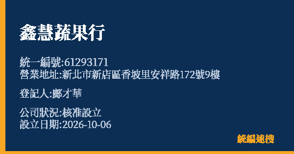 鑫慧蔬果行的照片-統編 61293171(新北市) 公司登記資料與營業項目詳細圖表