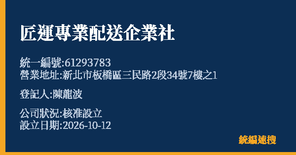 匠運專業配送企業社的照片-統編 61293783(新北市) 公司登記資料與營業項目詳細圖表