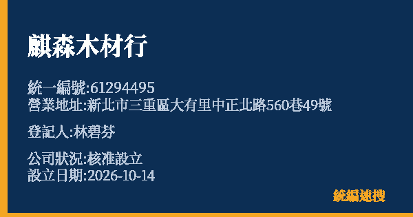 麒森木材行的照片-統編 61294495(新北市) 公司登記資料與營業項目詳細圖表
