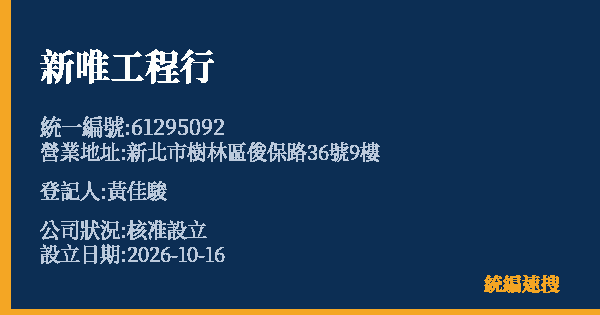 新唯工程行的照片-統編 61295092(新北市) 公司登記資料與營業項目詳細圖表