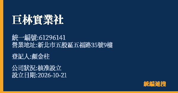 巨林實業社的照片-統編 61296141(新北市) 公司登記資料與營業項目詳細圖表