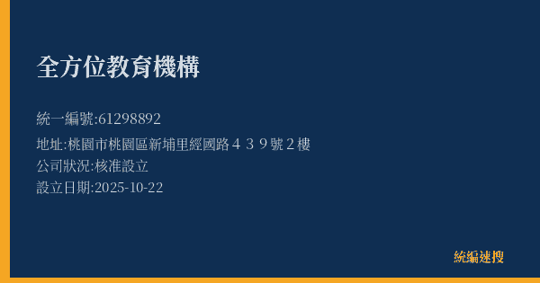 全方位教育機構的照片-統編 61298892(桃園市) 公司登記資料與營業項目詳細圖表