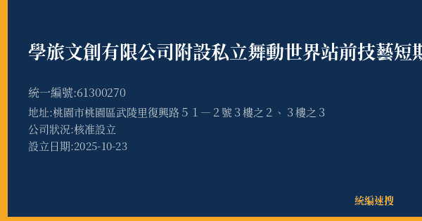 學旅文創有限公司附設私立舞動世界站前技藝短期補習班的照片-統編 61300270(桃園市) 公司登記資料與營業項目詳細圖表