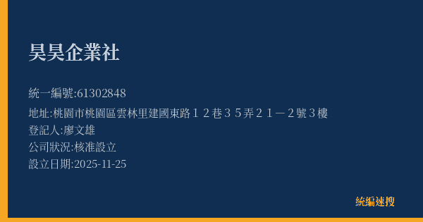 昊昊企業社的照片-統編 61302848(桃園市) 公司登記資料與營業項目詳細圖表