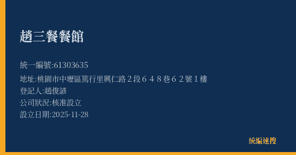 趙三餐餐館的照片-統編 61303635(桃園市) 公司登記資料與營業項目詳細圖表