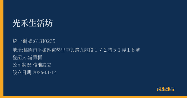 光禾生活坊的照片-統編 61310235(桃園市) 公司登記資料與營業項目詳細圖表