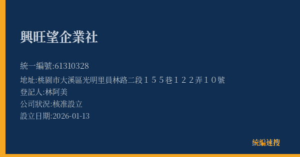 興旺望企業社的照片-統編 61310328(桃園市) 公司登記資料與營業項目詳細圖表