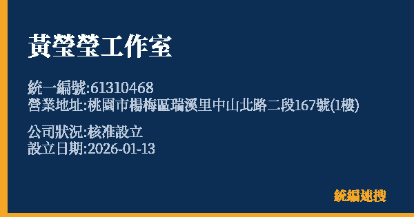 黃瑩瑩工作室的照片-統編 61310468 公司登記資料與營業項目詳細圖表