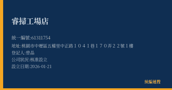 睿掃工場店的照片-統編 61311754(桃園市) 公司登記資料與營業項目詳細圖表