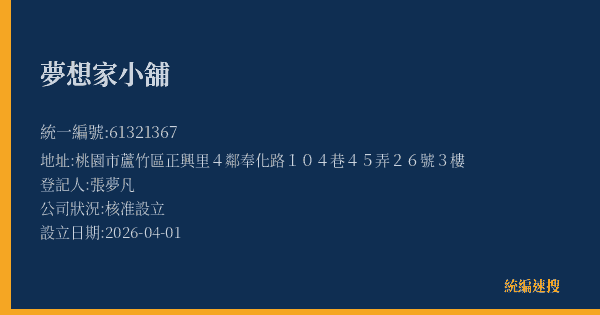 夢想家小舖的照片-統編 61321367(桃園市) 公司登記資料與營業項目詳細圖表