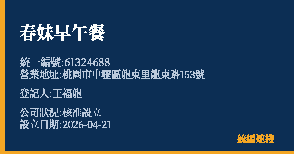 春妹早午餐的照片-統編 61324688 公司登記資料與營業項目詳細圖表