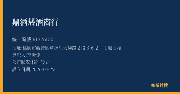 鼎酒菸酒商行的照片-統編 61326150(桃園市) 公司登記資料與營業項目詳細圖表