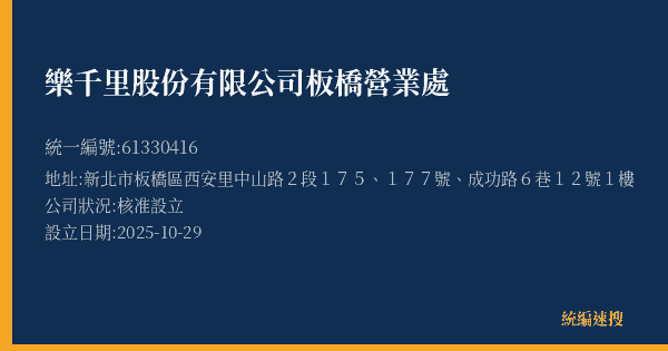 樂千里股份有限公司板橋營業處的照片-統編 61330416(新北市) 公司登記資料與營業項目詳細圖表
