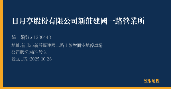 日月亭股份有限公司新莊建國一路營業所的照片-統編 61330443(新北市) 公司登記資料與營業項目詳細圖表