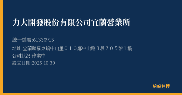 力大開發股份有限公司宜蘭營業所的照片-統編 61330915(宜蘭縣) 公司登記資料與營業項目詳細圖表