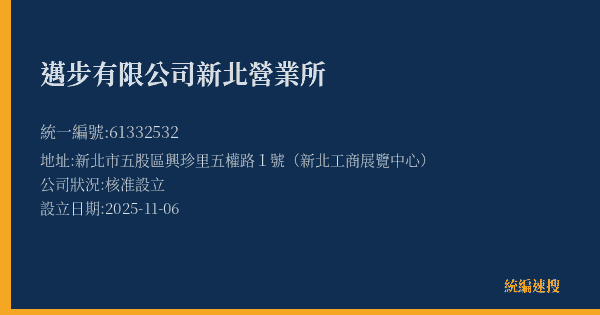 邁步有限公司新北營業所的照片-統編 61332532(新北市) 公司登記資料與營業項目詳細圖表
