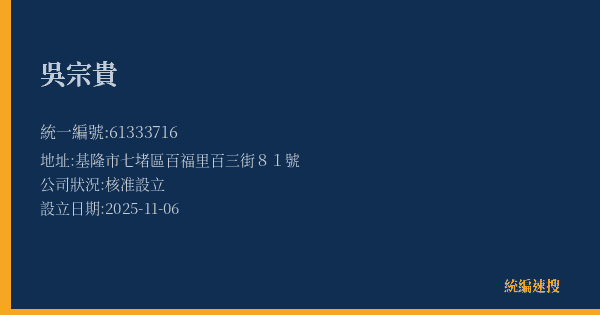 吳宗貴的照片-統編 61333716(基隆市) 公司登記資料與營業項目詳細圖表