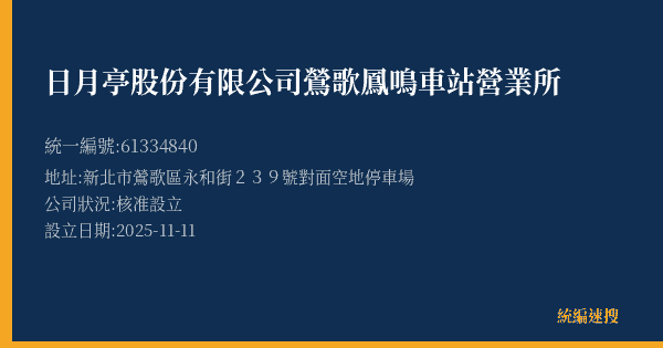 日月亭股份有限公司鶯歌鳳鳴車站營業所的照片-統編 61334840(新北市) 公司登記資料與營業項目詳細圖表