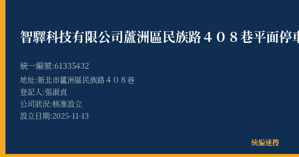 智驛科技有限公司蘆洲區民族路408巷平面停車場的照片-統編 61335432(新北市) 公司登記資料與營業項目詳細圖表