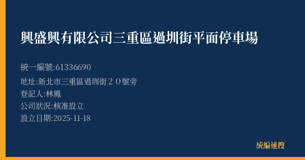 興盛興有限公司三重區過圳街平面停車場的照片-統編 61336690(新北市) 公司登記資料與營業項目詳細圖表
