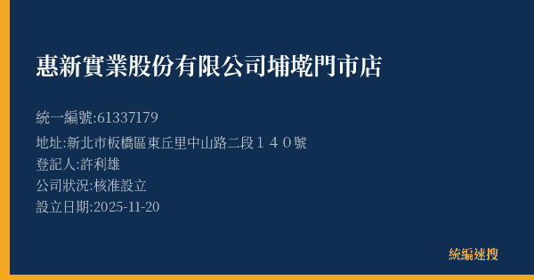 惠新實業股份有限公司埔墘門市店的照片-統編 61337179(新北市) 公司登記資料與營業項目詳細圖表