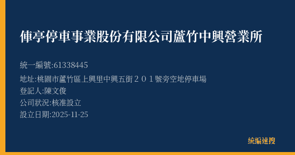 俥亭停車事業股份有限公司蘆竹中興營業所的照片-統編 61338445(桃園市) 公司登記資料與營業項目詳細圖表