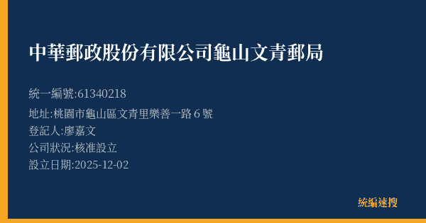 中華郵政股份有限公司龜山文青郵局的照片-統編 61340218(桃園市) 公司登記資料與營業項目詳細圖表