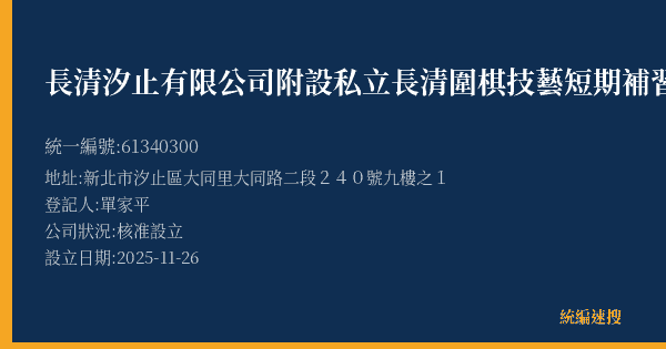 長清汐止有限公司附設私立長清圍棋技藝短期補習班汐止分班的照片-統編 61340300(新北市) 公司登記資料與營業項目詳細圖表