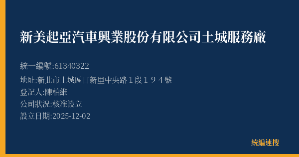 新美起亞汽車興業股份有限公司土城服務廠的照片-統編 61340322(新北市) 公司登記資料與營業項目詳細圖表