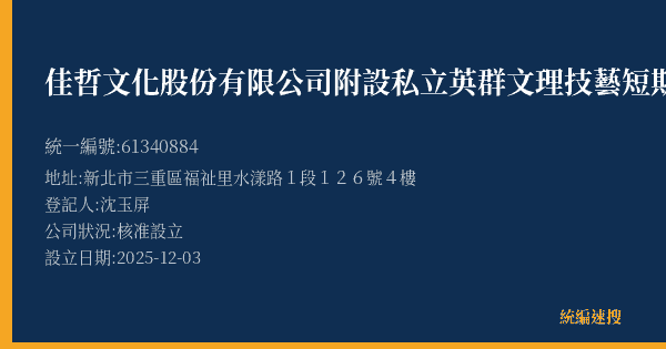 佳哲文化股份有限公司附設私立英群文理技藝短期補習班的照片-統編 61340884(新北市) 公司登記資料與營業項目詳細圖表