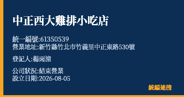 中正西大雞排小吃店的照片-統編 61350539 公司登記資料與營業項目詳細圖表
