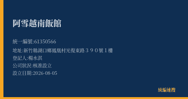 阿雪越南飯館的照片-統編 61350566(新竹縣) 公司登記資料與營業項目詳細圖表