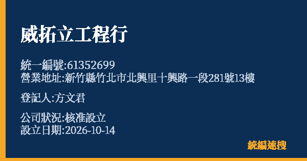 威拓立工程行的照片-統編 61352699(新竹縣) 公司登記資料與營業項目詳細圖表