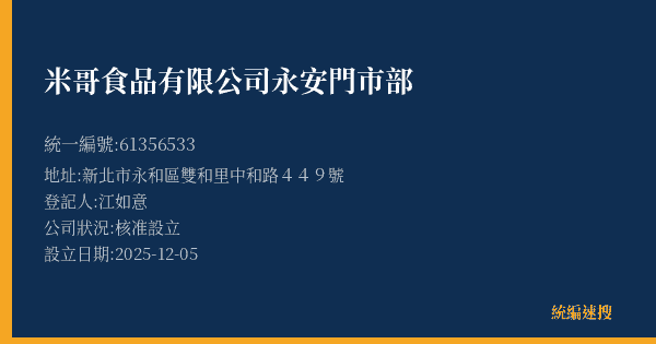 米哥食品有限公司永安門市部的照片-統編 61356533(新北市) 公司登記資料與營業項目詳細圖表
