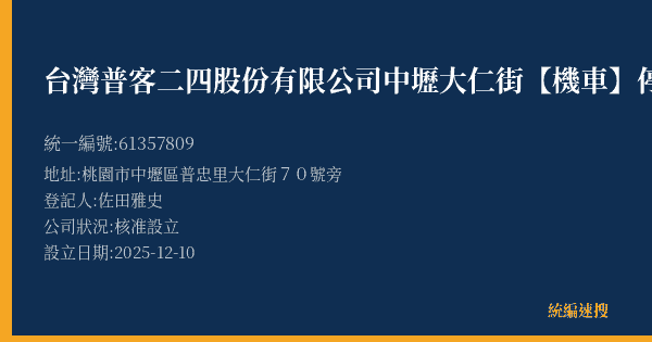 台灣普客二四股份有限公司中壢大仁街【機車】停車場的照片-統編 61357809(桃園市) 公司登記資料與營業項目詳細圖表