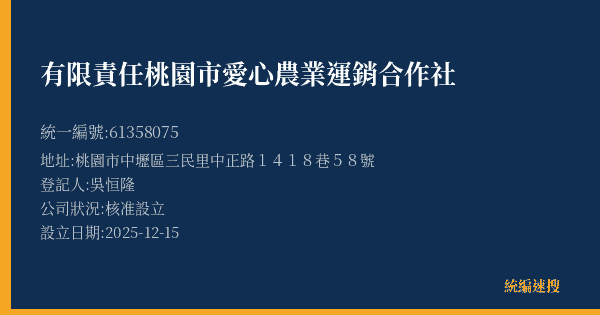有限責任桃園市愛心農業運銷合作社的照片-統編 61358075(桃園市) 公司登記資料與營業項目詳細圖表