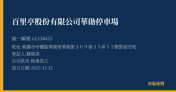 百里亭股份有限公司華勛停車場的照片-統編 61358455(桃園市) 公司登記資料與營業項目詳細圖表