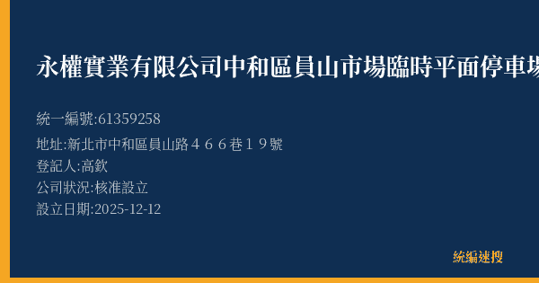 永權實業有限公司中和區員山市場臨時平面停車場的照片-統編 61359258(新北市) 公司登記資料與營業項目詳細圖表
