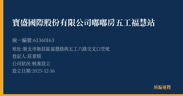 寶盛國際股份有限公司嘟嘟房五工福慧站的照片-統編 61360163(新北市) 公司登記資料與營業項目詳細圖表