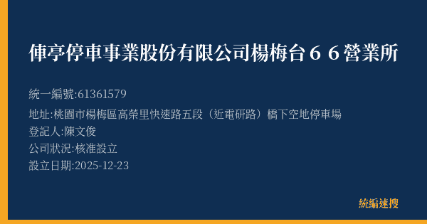 俥亭停車事業股份有限公司楊梅台66營業所的照片-統編 61361579(桃園市) 公司登記資料與營業項目詳細圖表