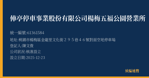 俥亭停車事業股份有限公司楊梅五福公園營業所的照片-統編 61361584(桃園市) 公司登記資料與營業項目詳細圖表