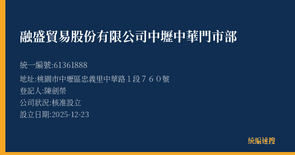 融盛貿易股份有限公司中壢中華門市部的照片-統編 61361888(桃園市) 公司登記資料與營業項目詳細圖表