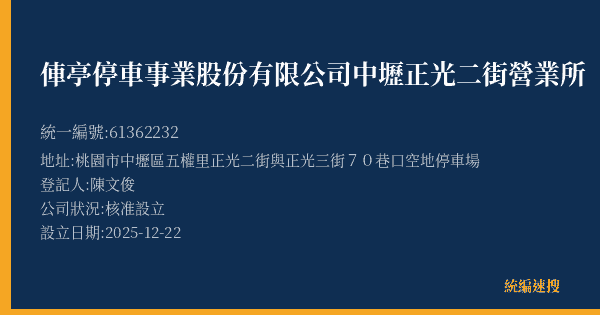俥亭停車事業股份有限公司中壢正光二街營業所的照片-統編 61362232(桃園市) 公司登記資料與營業項目詳細圖表
