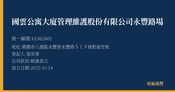 國雲公寓大廈管理維護股份有限公司永豐路場的照片-統編 61362401(桃園市) 公司登記資料與營業項目詳細圖表