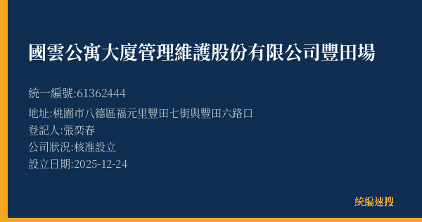 國雲公寓大廈管理維護股份有限公司豐田場的照片-統編 61362444(桃園市) 公司登記資料與營業項目詳細圖表