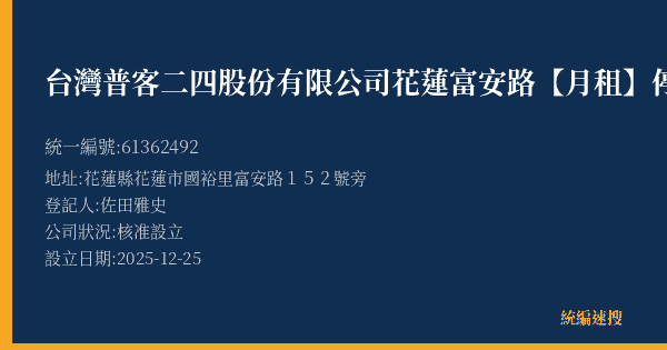 台灣普客二四股份有限公司花蓮富安路【月租】停車場的照片-統編 61362492(花蓮縣) 公司登記資料與營業項目詳細圖表