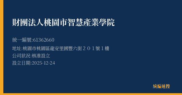 財團法人桃園市智慧產業學院的照片-統編 61362660 公司登記資料與營業項目詳細圖表