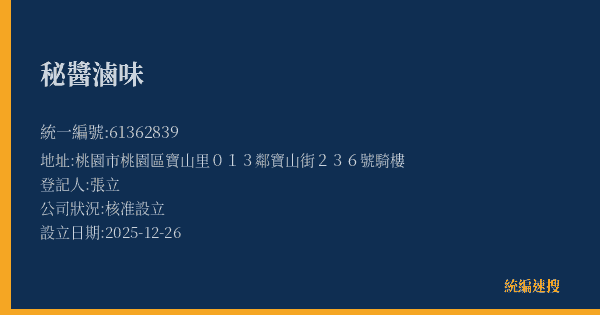 秘醬滷味的照片-統編 61362839(桃園市) 公司登記資料與營業項目詳細圖表